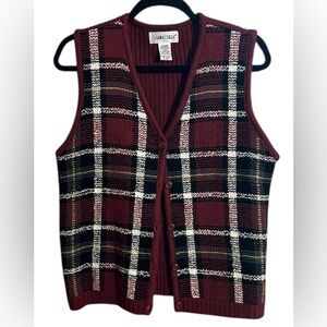 Cabin Creek Vintage Plaid Sweater Vest Burgundy V-Neck Button Front Preppy Med
